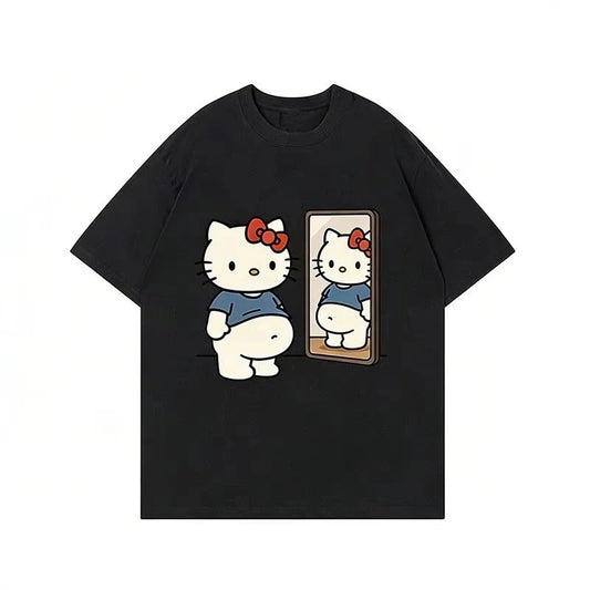 2026 Summer Kawaii Hello Kitty Mirror Print Oversized T-shirt Women