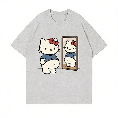 2026 Summer Kawaii Hello Kitty Mirror Print Oversized T-shirt Women