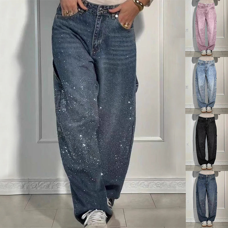 Shiny Straight-Leg Glitter Jeans with Pockets – Wide Leg Pants for