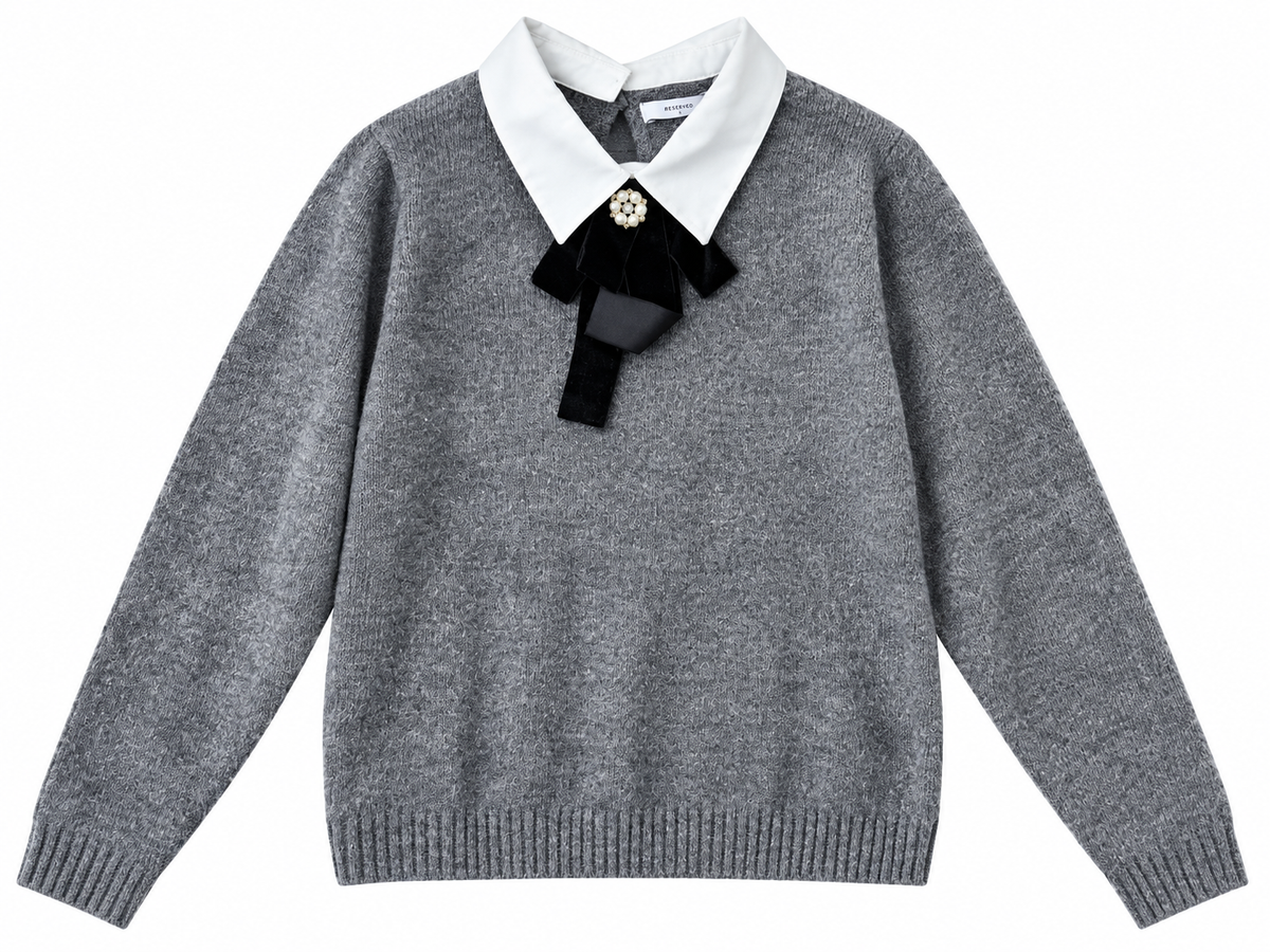 Sweter szary z kołnierzem elegancki z kokardą