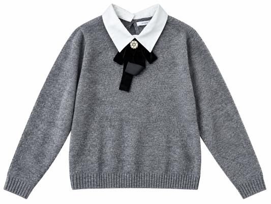 Sweter szary z kołnierzem elegancki z kokardą
