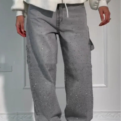 Shiny Straight-Leg Glitter Jeans with Pockets – Wide Leg Pants for