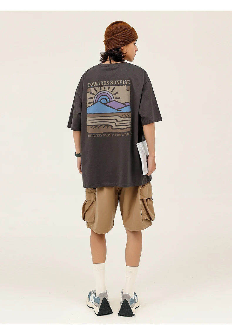 American Retro Pattern Printed Short-sleeved Crew Neck Cotton T-shirt