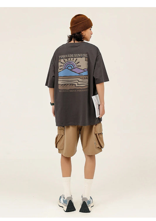 American Retro Pattern Printed Short-sleeved Crew Neck Cotton T-shirt