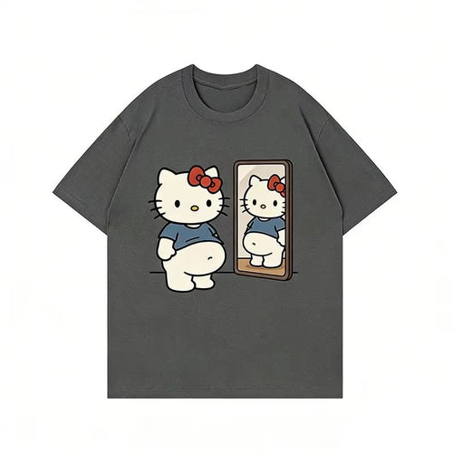 2026 Summer Kawaii Hello Kitty Mirror Print Oversized T-shirt Women
