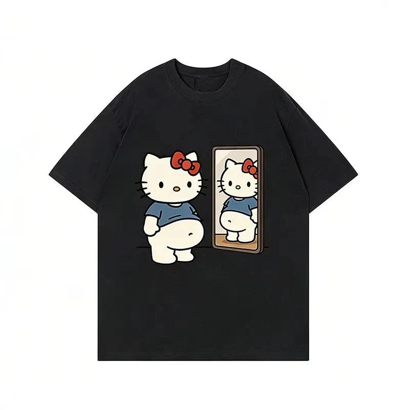 2026 Summer Kawaii Hello Kitty Mirror Print Oversized T-shirt Women