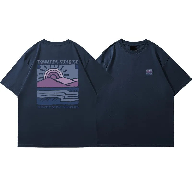 American Retro Pattern Printed Short-sleeved Crew Neck Cotton T-shirt