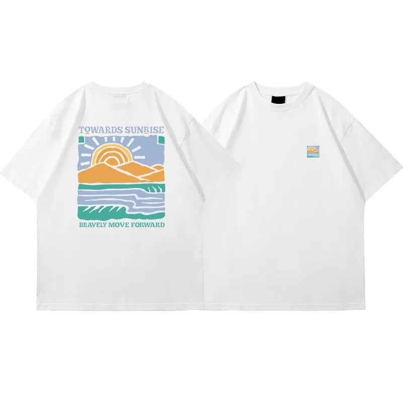 American Retro Pattern Printed Short-sleeved Crew Neck Cotton T-shirt