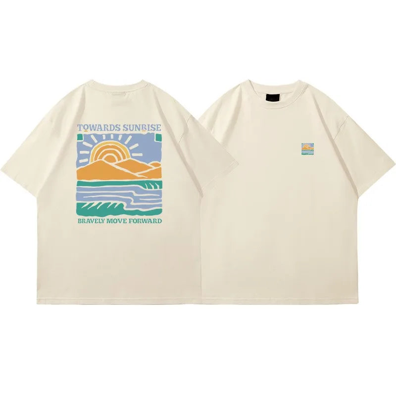 American Retro Pattern Printed Short-sleeved Crew Neck Cotton T-shirt
