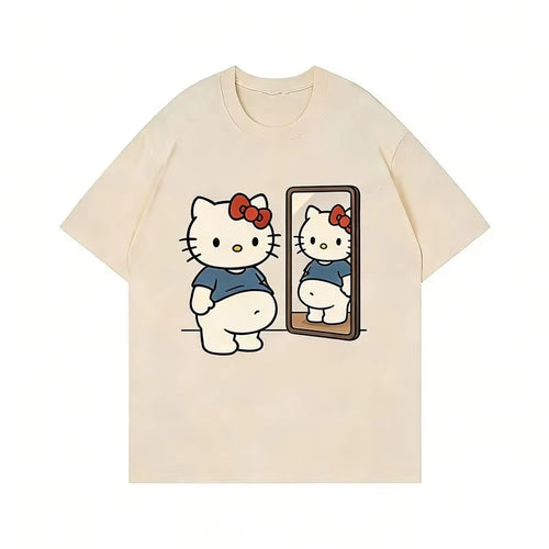 2026 Summer Kawaii Hello Kitty Mirror Print Oversized T-shirt Women