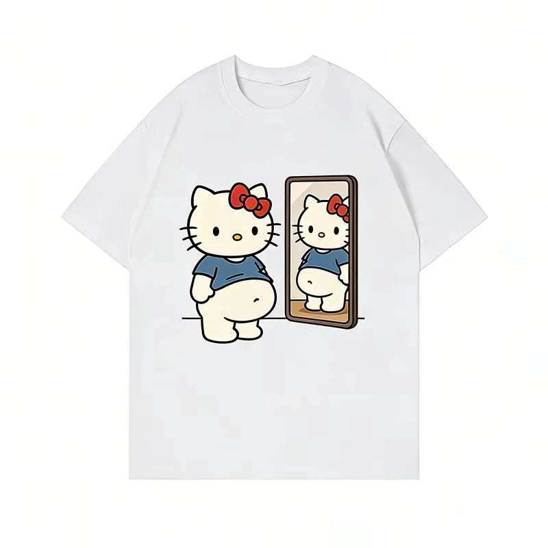 2026 Summer Kawaii Hello Kitty Mirror Print Oversized T-shirt Women