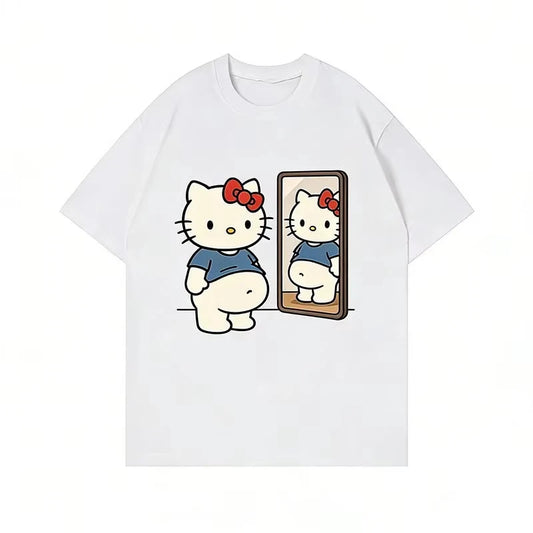 2026 Summer Kawaii Hello Kitty Mirror Print Oversized T-shirt Women
