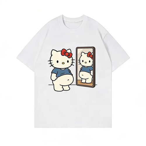 2026 Summer Kawaii Hello Kitty Mirror Print Oversized T-shirt Women