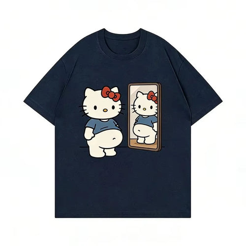2026 Summer Kawaii Hello Kitty Mirror Print Oversized T-shirt Women