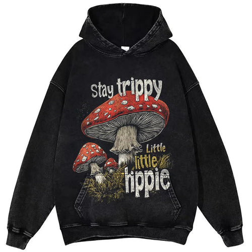 Vintage Mushroom Print Washed Cotton T-Shirt Women Hippie Streetwear