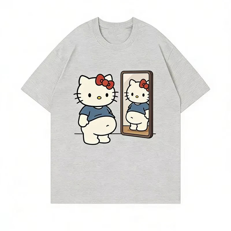 2026 Summer Kawaii Hello Kitty Mirror Print Oversized T-shirt Women