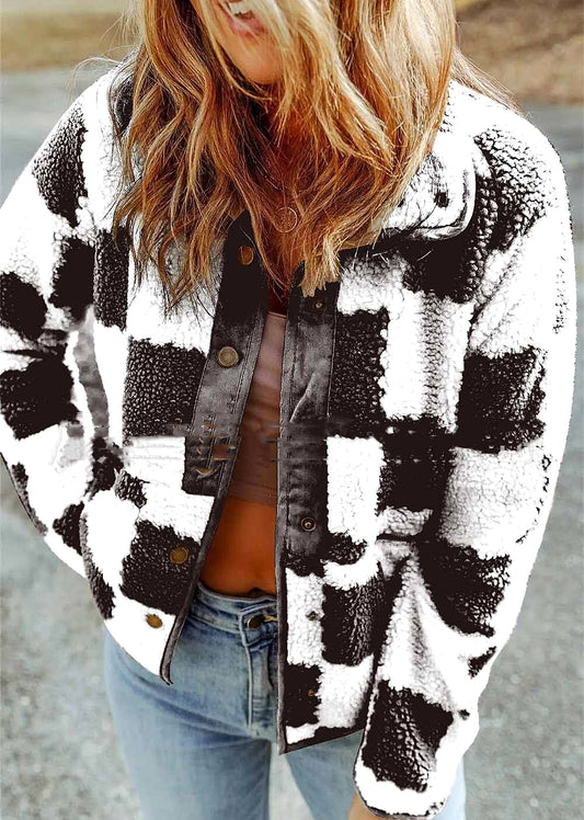 Brown Checked Snap Button Sherpa Jacket